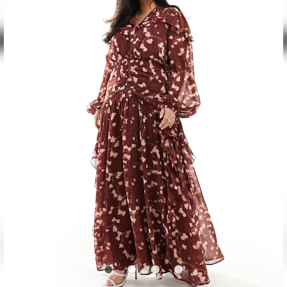 ASOS Curve Dresses & Skirts - ASOS DESIGN Curve Ruched Bodice Button Maxi Dress w/ Frill Floral Print 16